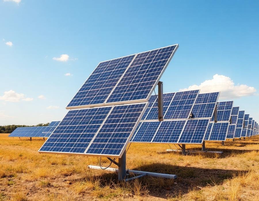 Ground mounted solar panel array in an open field