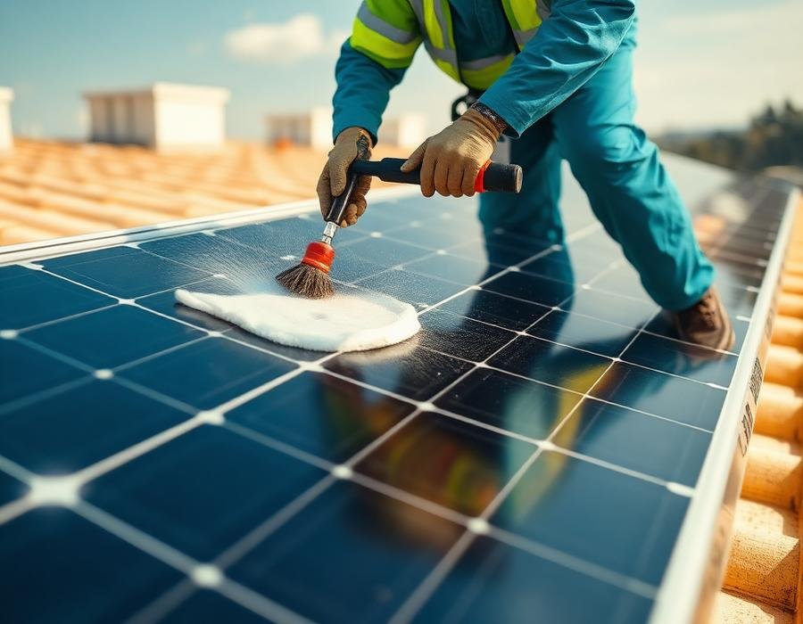 Technician cleaning solar panels during maintenance
