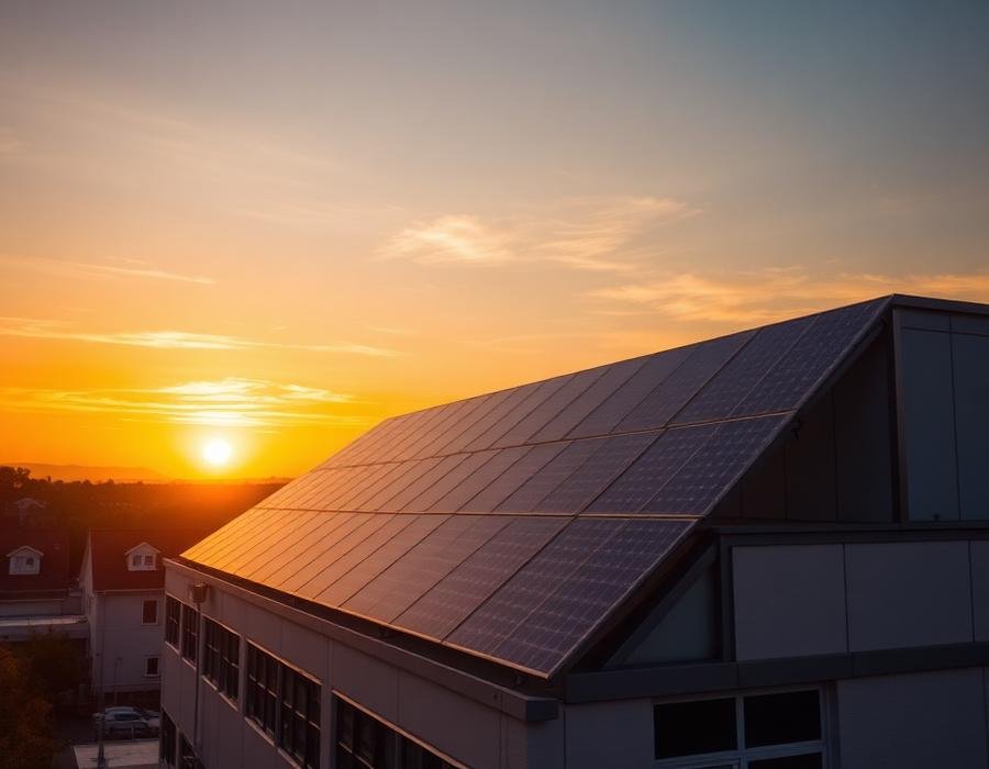 Solar panels on an office building rooftop at sunset